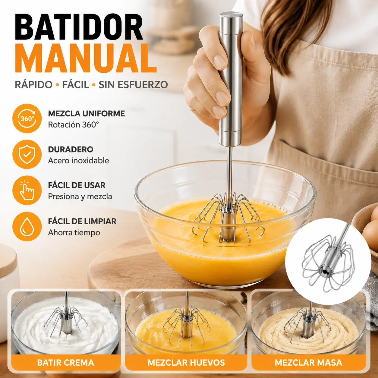 【 Conjunto de 2 piezas】Batidor de huevos semiautomático de acero inoxidable