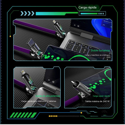 🔥 【2 unidades por 24 euros】 🔥 (1 metros de largo) Cable 4 en 1 PD 240 W – Carga rápida USB‑C, Lightning y USB‑A, aluminio y silicona, sincronización de datos ⚡📱