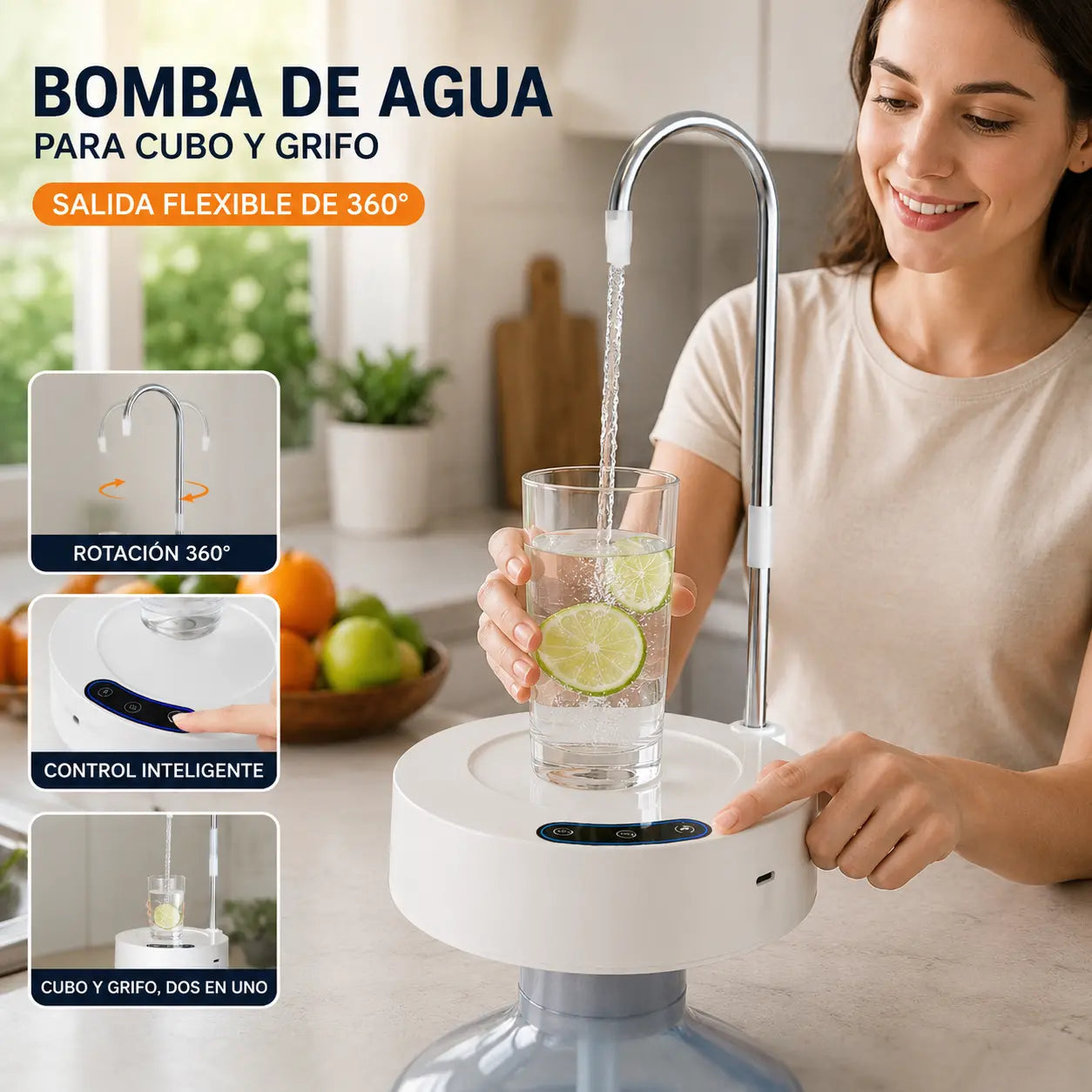 Bomba de agua portátil 2 en 1, apta para cubos de agua, grifo giratorio de 360°, tres velocidades de agua y carga mediante puerto USB tipo C.