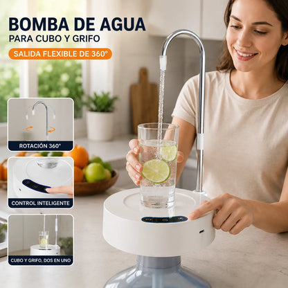Bomba de agua portátil 2 en 1, apta para cubos de agua, grifo giratorio de 360°, tres velocidades de agua y carga mediante puerto USB tipo C.