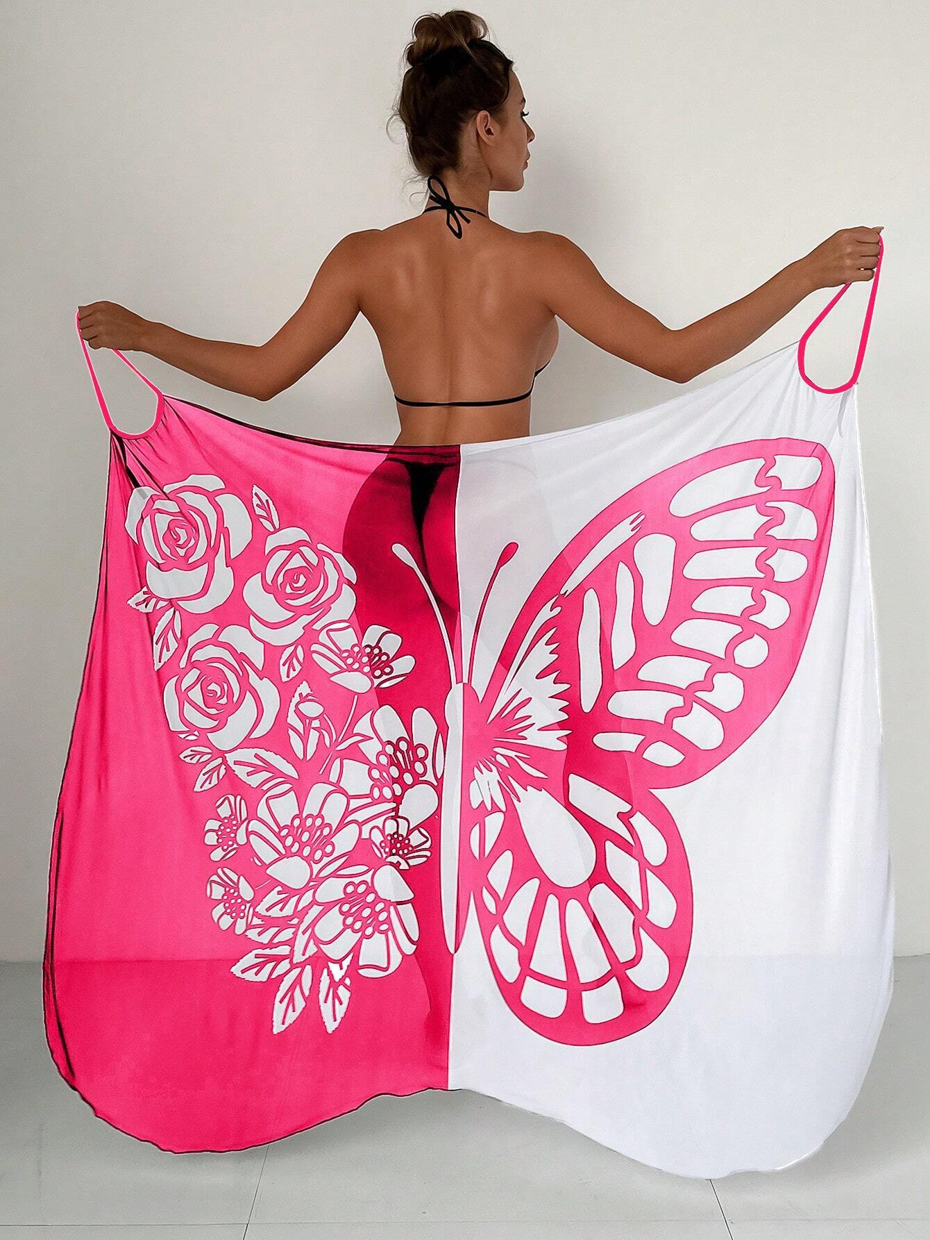🦋🦋Vestido tipo chal con protector solar de playa de malla con estampado de mariposas