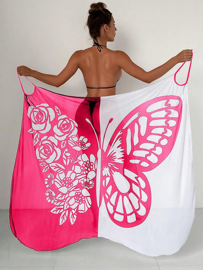 🦋🦋Vestido tipo chal con protector solar de playa de malla con estampado de mariposas