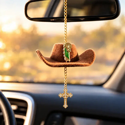 🤠✝️ Colgante para Coche con Sombrero Vaquero y Cruz | Decoración para Espejo Retrovisor con Cordón