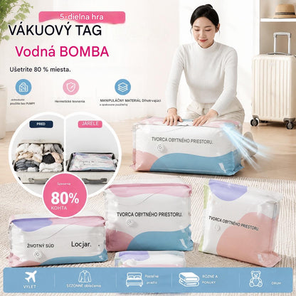 【5-dielna sada】 Veľkokapacitné stlačiteľné vákuové úložné vrecká: Nepotrebujú pumpičku, sú nepriepustné, ideálne na úsporu miesta v kufri a doma