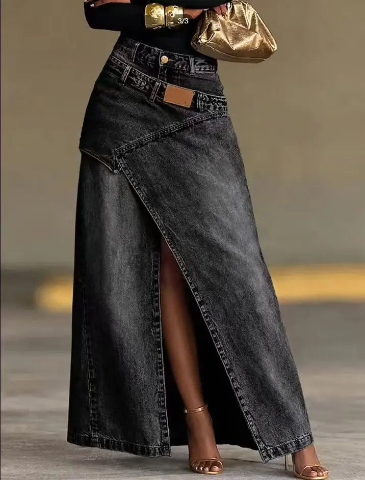 🥇【S-3XL】 Žensko jeans maxi krilo s plastnim pasom; sproščen kroj, moderen dizajn.