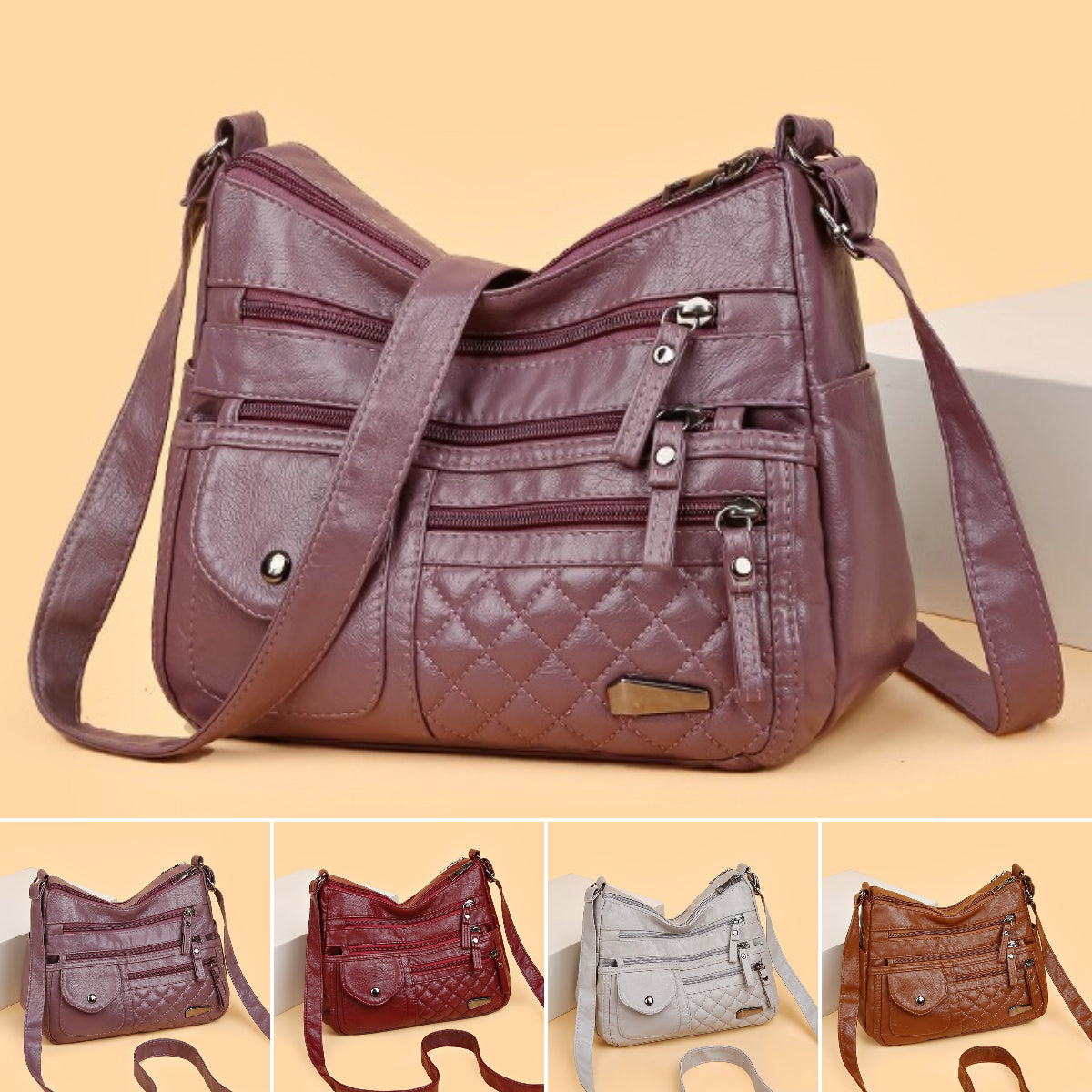 Bolso de cuero suave de gran capacidad y múltiples capas para mujer