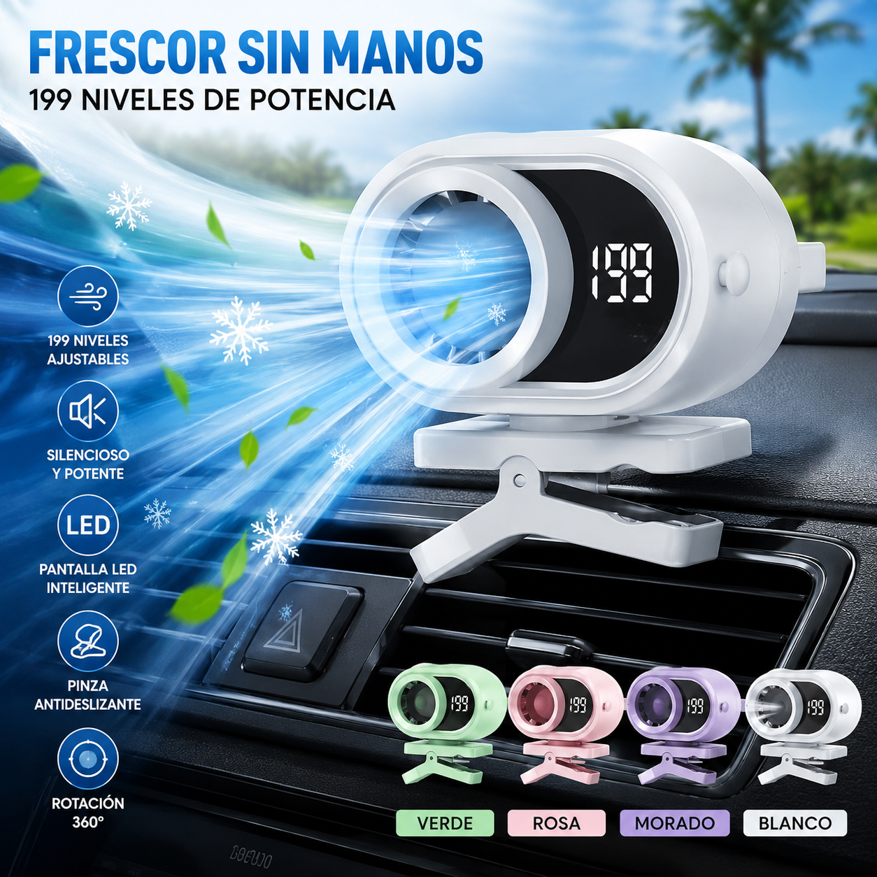 🌀 Ventilador manos libres con pantalla LED, clip integrado y 199 niveles de ajuste