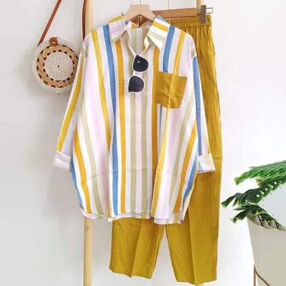 【S-5XL】Nueva conjunto de primavera a rayas, conjunto de dos piezas con mangas largas y pantalones.【Pantalones + Camisa】