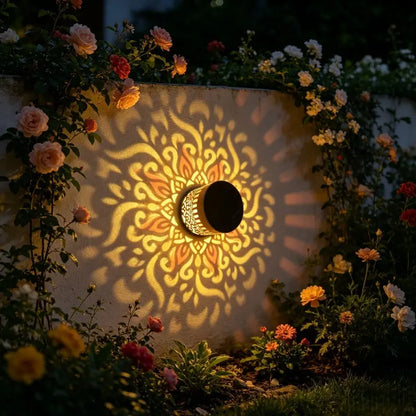 🌸🌙🔮Lámpara de pared con proyección de diseño de mandala para exteriores, alimentada por energía solar.