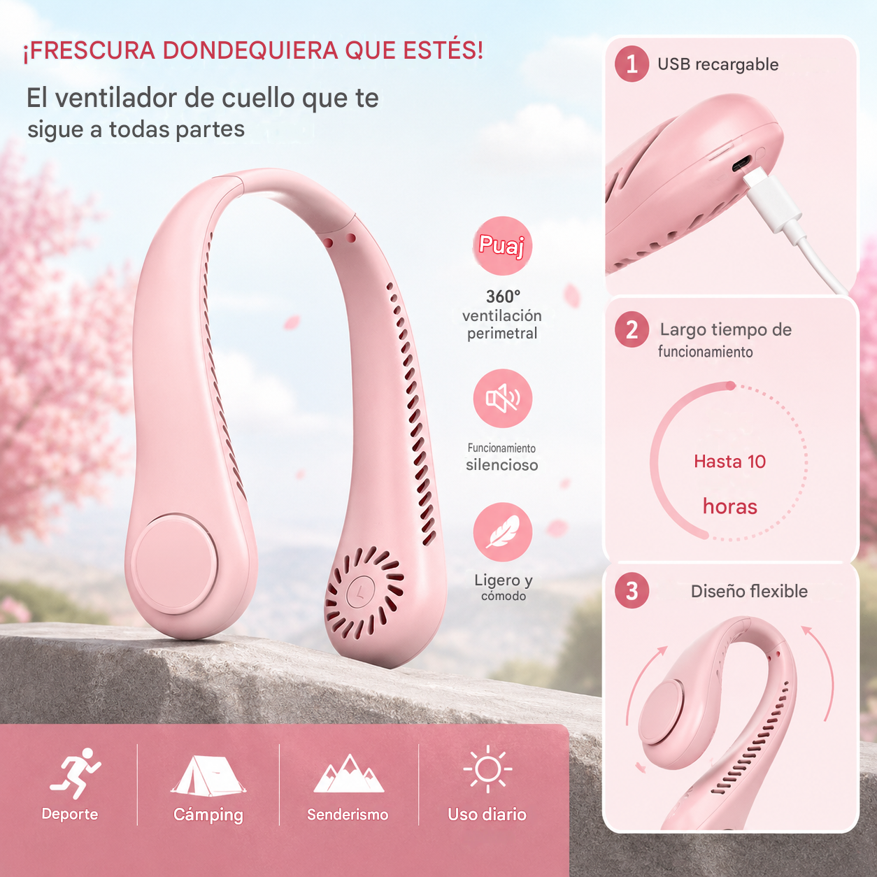 Ventilador de cuello – Extremadamente silencioso, portátil y con rotación de 360° – Ideal para el verano