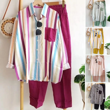 【S-5XL】Nueva conjunto de primavera a rayas, conjunto de dos piezas con mangas largas y pantalones.【Pantalones + Camisa】