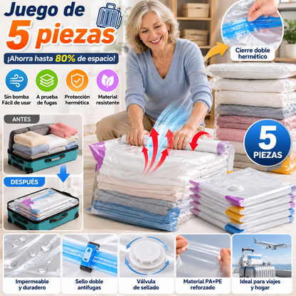 🧳【Juego de 5 piezas】💨 Bolsa de almacenamiento al vacío grande y compresible: no requiere bomba, es a prueba de fugas e ideal para ahorrar espacio en maletas y en casa ✈️