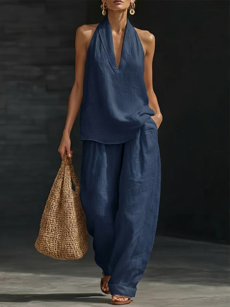 30%OFF【S-5XL】💥Conjunto casual para mujer, top con cuello en V + pantalón de pierna ancha