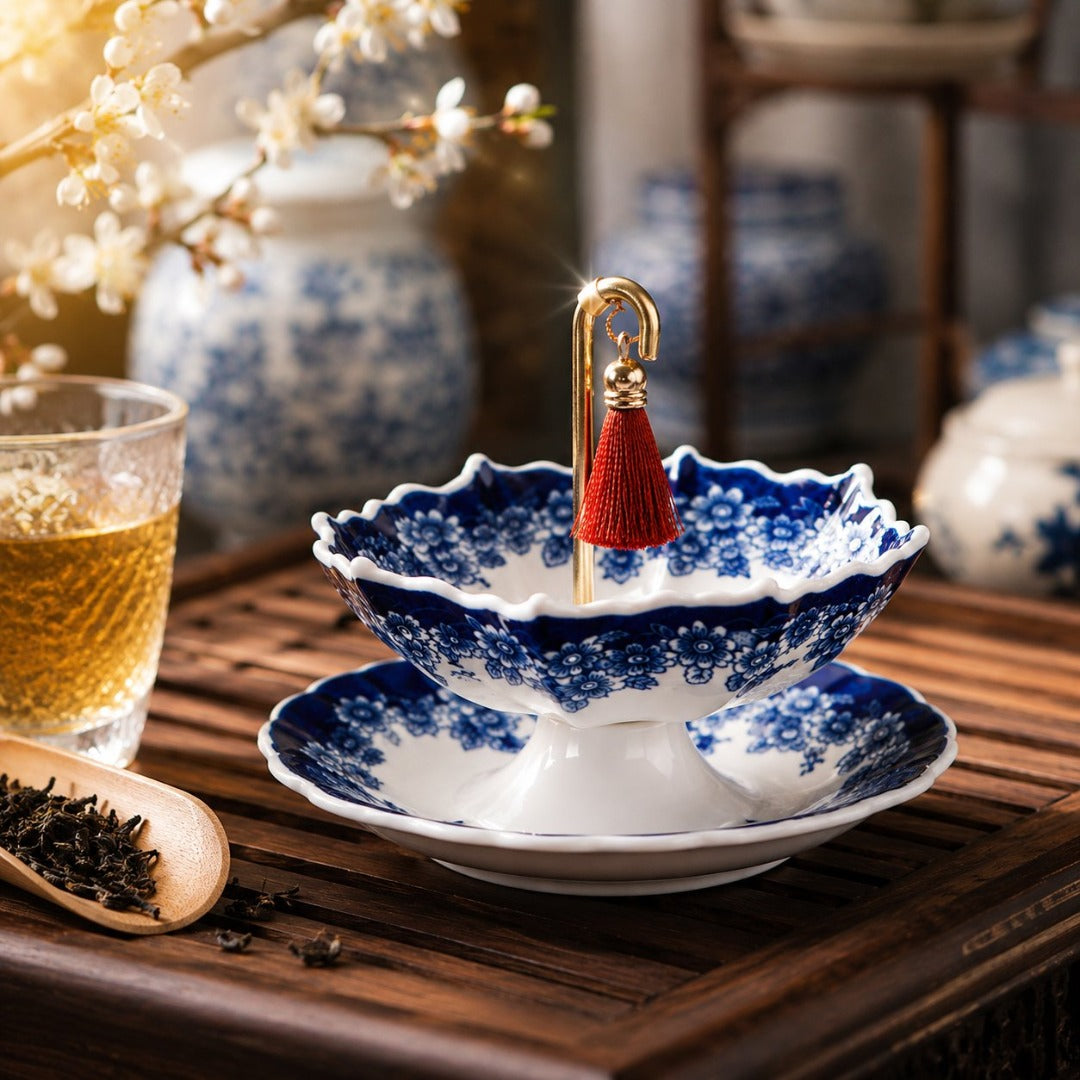 Un juego de coladores de té de porcelana azul y blanca con forma de paraguas, con una historia de más de mil años.