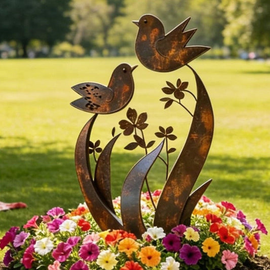 Estaca de metal rústica para jardín con diseño de pájaros y flores