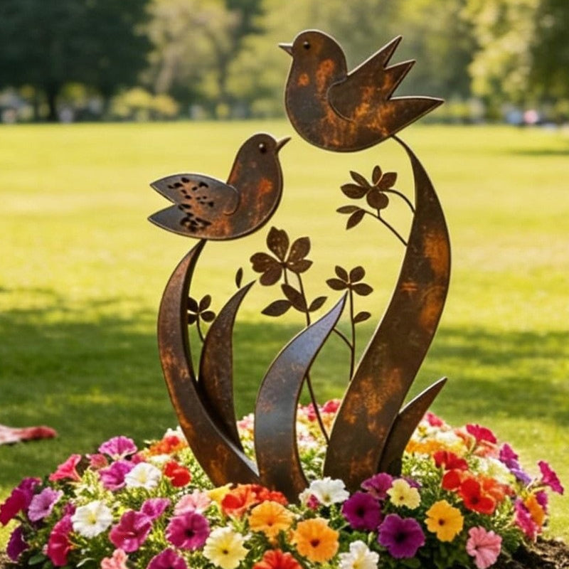 Estaca de metal rústica para jardín con diseño de pájaros y flores