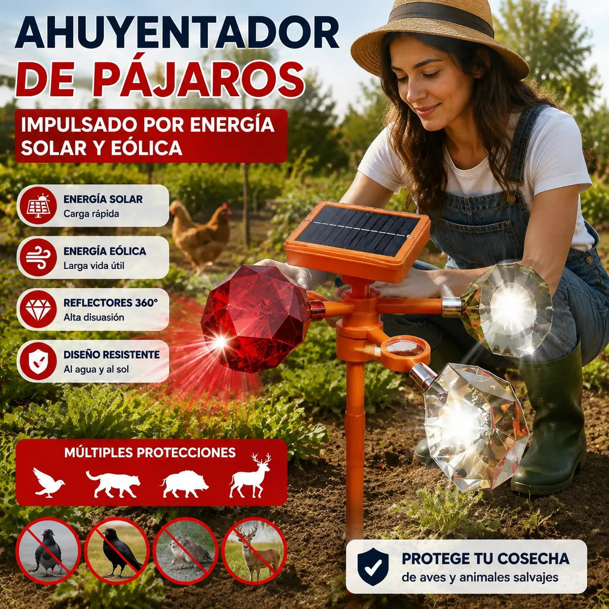 Nuevo ahuyentador de pájaros con voz ajustable, alimentado por energía solar y eólica, mejorado