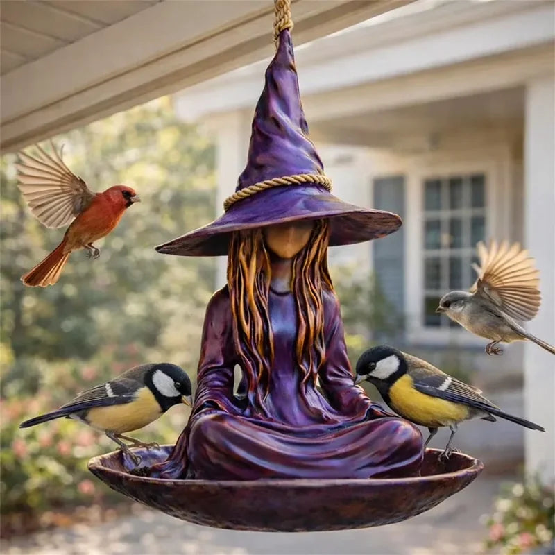 Comedero colgante para pájaros "Bruja meditando", decoración creativa y mágica para jardín, patio y exteriores, material duradero.