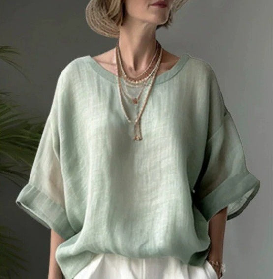 🔥🌸【45-100 kg】Camisa de cuello redondo de color liso, holgada, talla grande