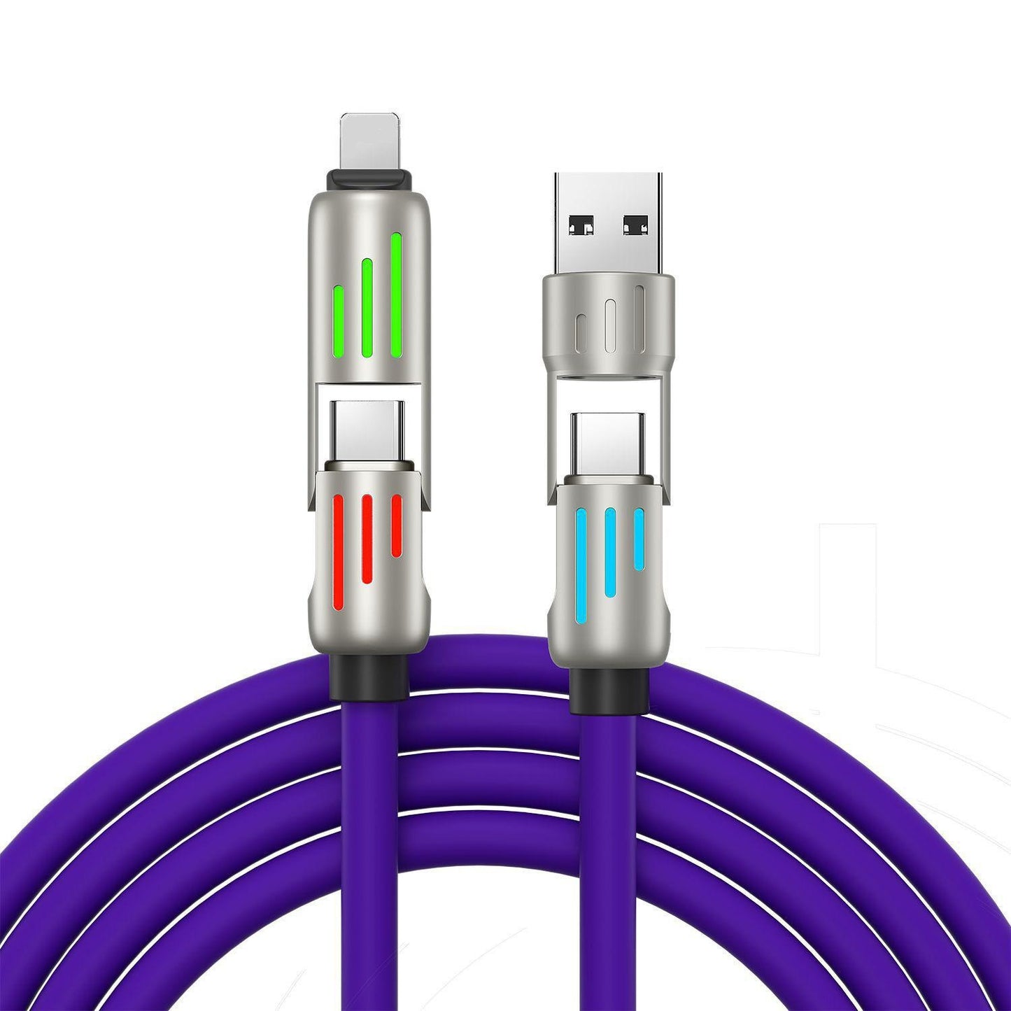 🔥 【2 unidades por 24 euros】 🔥 (1 metros de largo) Cable 4 en 1 PD 240 W – Carga rápida USB‑C, Lightning y USB‑A, aluminio y silicona, sincronización de datos ⚡📱