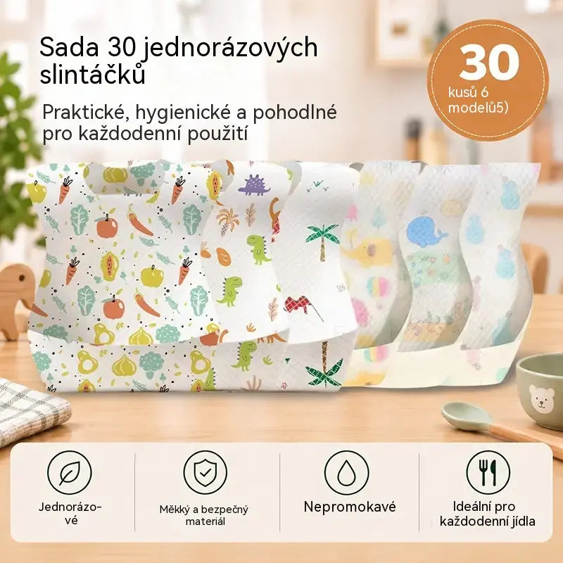 🛡️【30 kusů】Pouze 660 Kč👶 Jednorázový dětský bryndák s nepropustnou 3D kapsou – tenký, voděodolný a praktický pro každodenní použití 🍽️