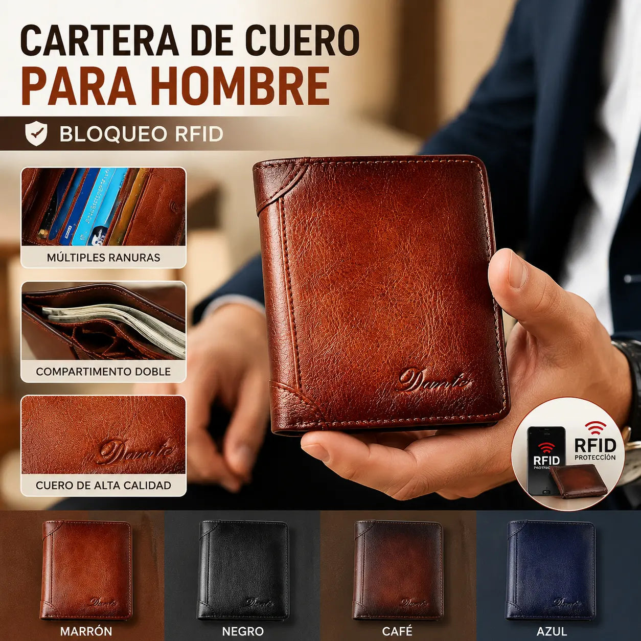 ✨ Nueva cartera antirrobo de cuero genuino para hombre