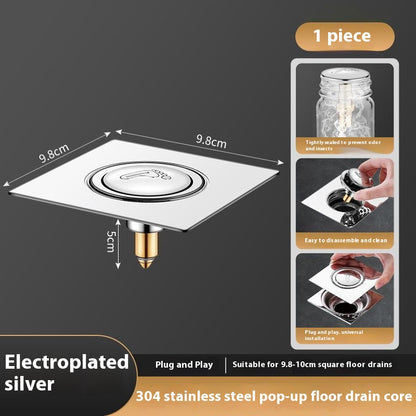 🏠🧰🔥【Compra 1 y llévate 2 gratis】Cubierta de sellado con núcleo de rebote antiolor para desagüe de piso de baño, tipo universal accionado con pie a presión.