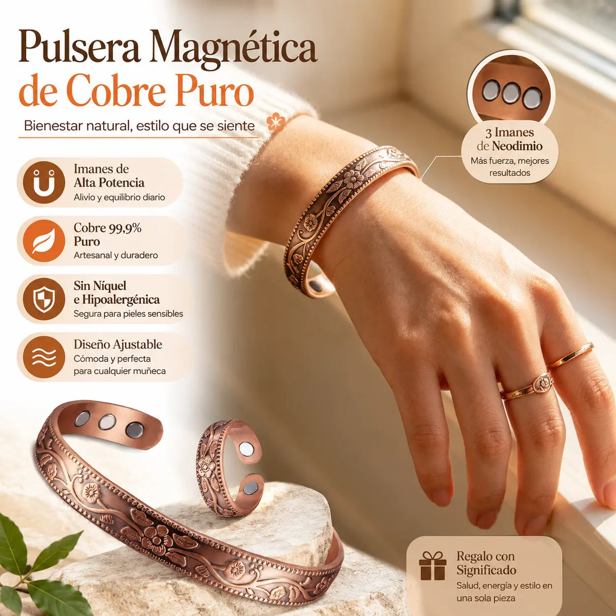 🔥【Pulsera + Anillo】✨Conjunto creativo de pulsera y anillo magnéticos grabados de estilo retro✨