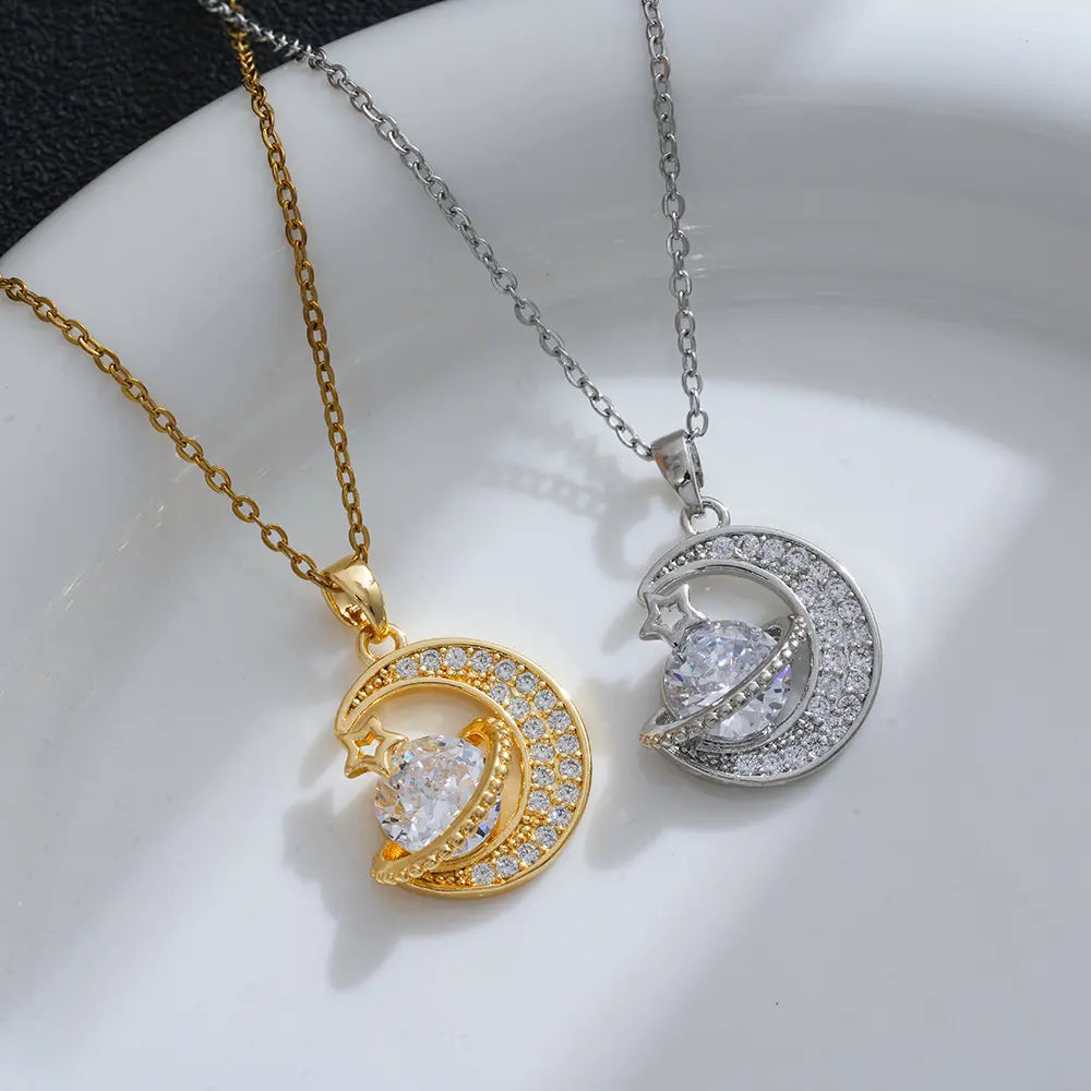 Nuevo collar con colgante de luna de alta gama / engastado con piedras preciosas brillantes / diseño romántico y moderno, ideal para usar a diario**
