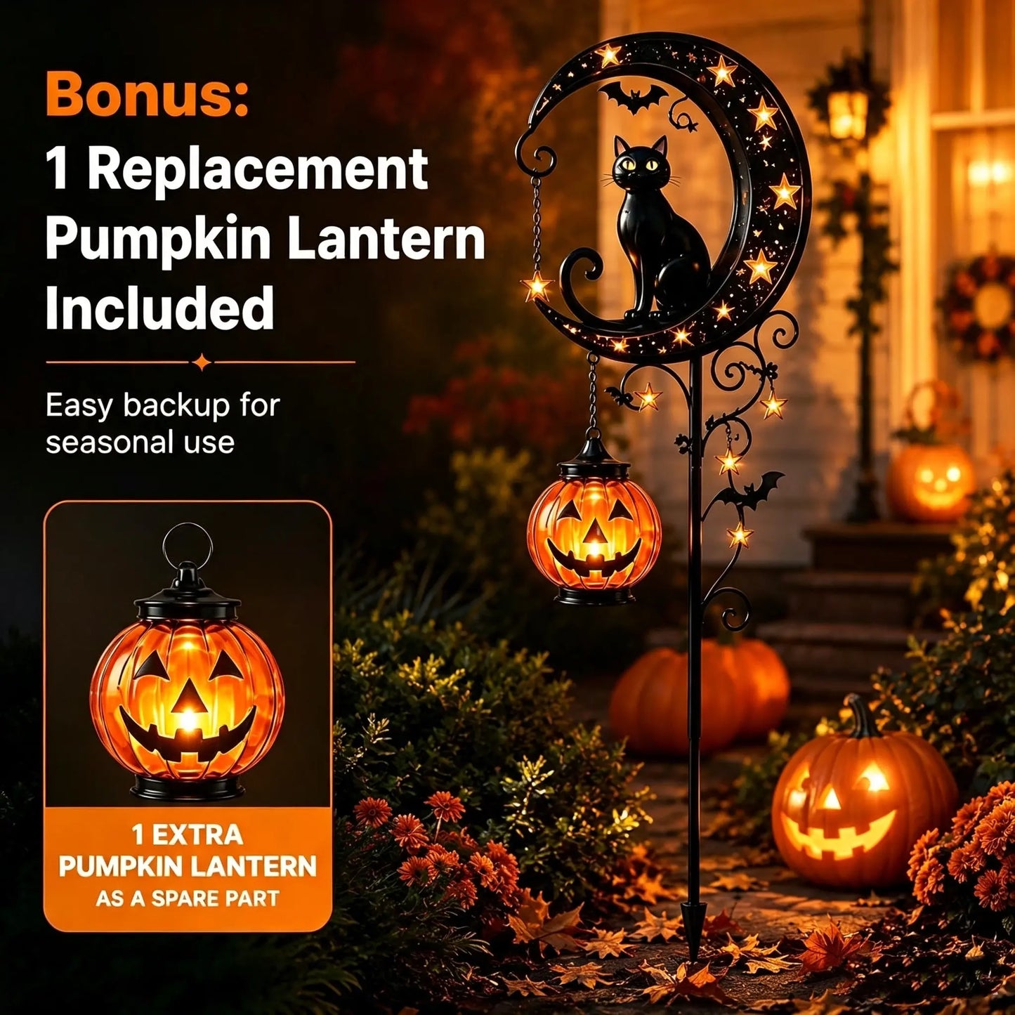 Lámpara decorativa solar para exteriores con forma de calabaza y gato negro.Crea una atmósfera mágica por la noche. Sensor automático, resistente al agua y duradera.