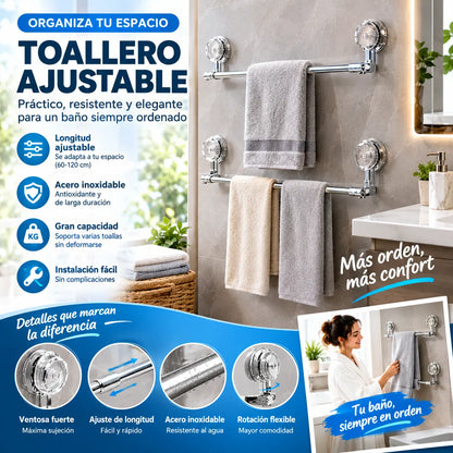 Barra de toalla con ventosa ajustable: no requiere perforar, no daña y tiene un agarre cómodo.