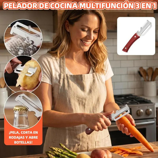 ✅Compra 1 y llévate 1 gratis (2 artículos) 🧅🔪 Pelador de cocina multifuncional 3 en 1: ¡Pela, corta y abre botellas! 🔥