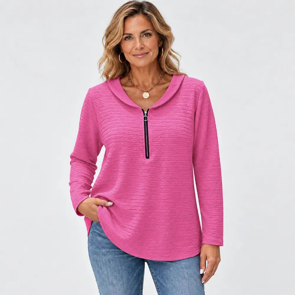 ✨【S–5XL / 5 barev】Jednobarevný dámský top se stylovým plisováním, límcem typu Peter Pan, zapínáním na zip a klasickým střihem ramen.