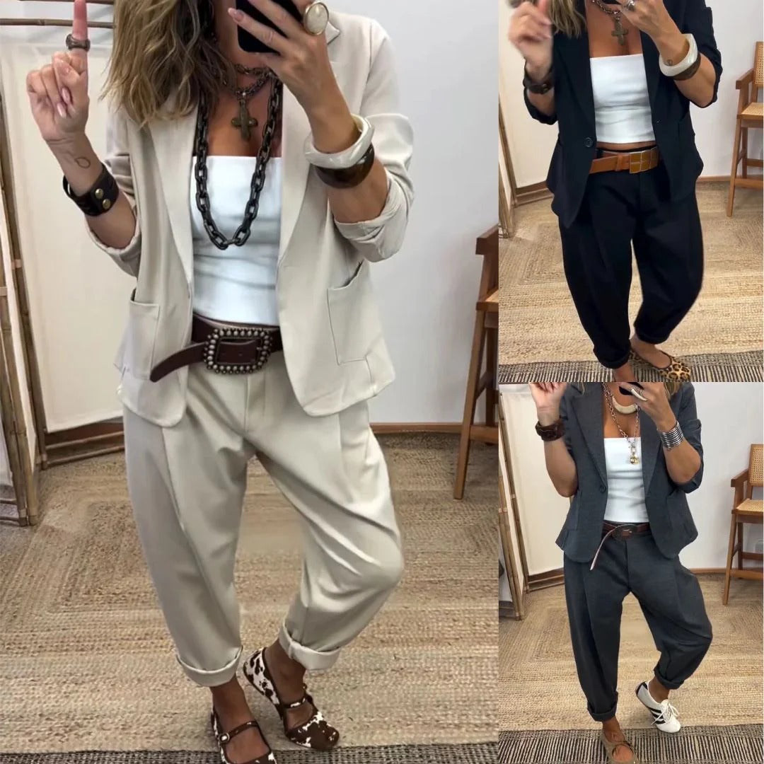 💎50% de descuento por tiempo limitado💎Conjunto de chaqueta y pantalón para mujer con solapas - Corte ajustado, tejido suave👖✨【40-100 kg】
