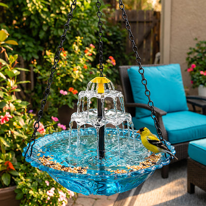Fuente colgante solar para baño de pájaros con estilo cascada