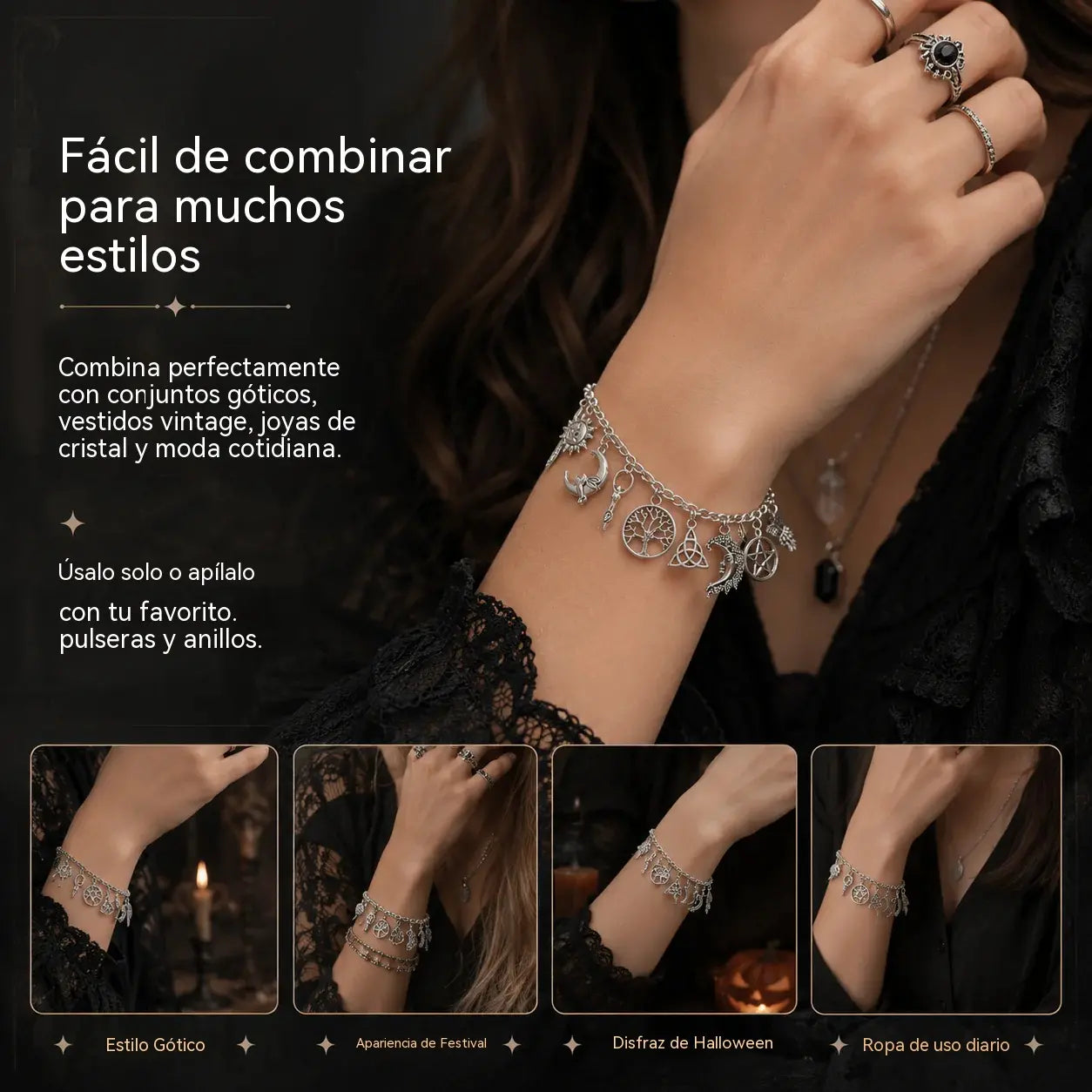 Pulsera de dijes vintage con aire místico para mujer – Joyería celestial, gótica y boho 🔮✨