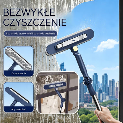 Dwustronna myjka do okien 2 w 1 z teleskopowym uchwytem, przeznaczona do mycia okien w budynkach wysokościowych.