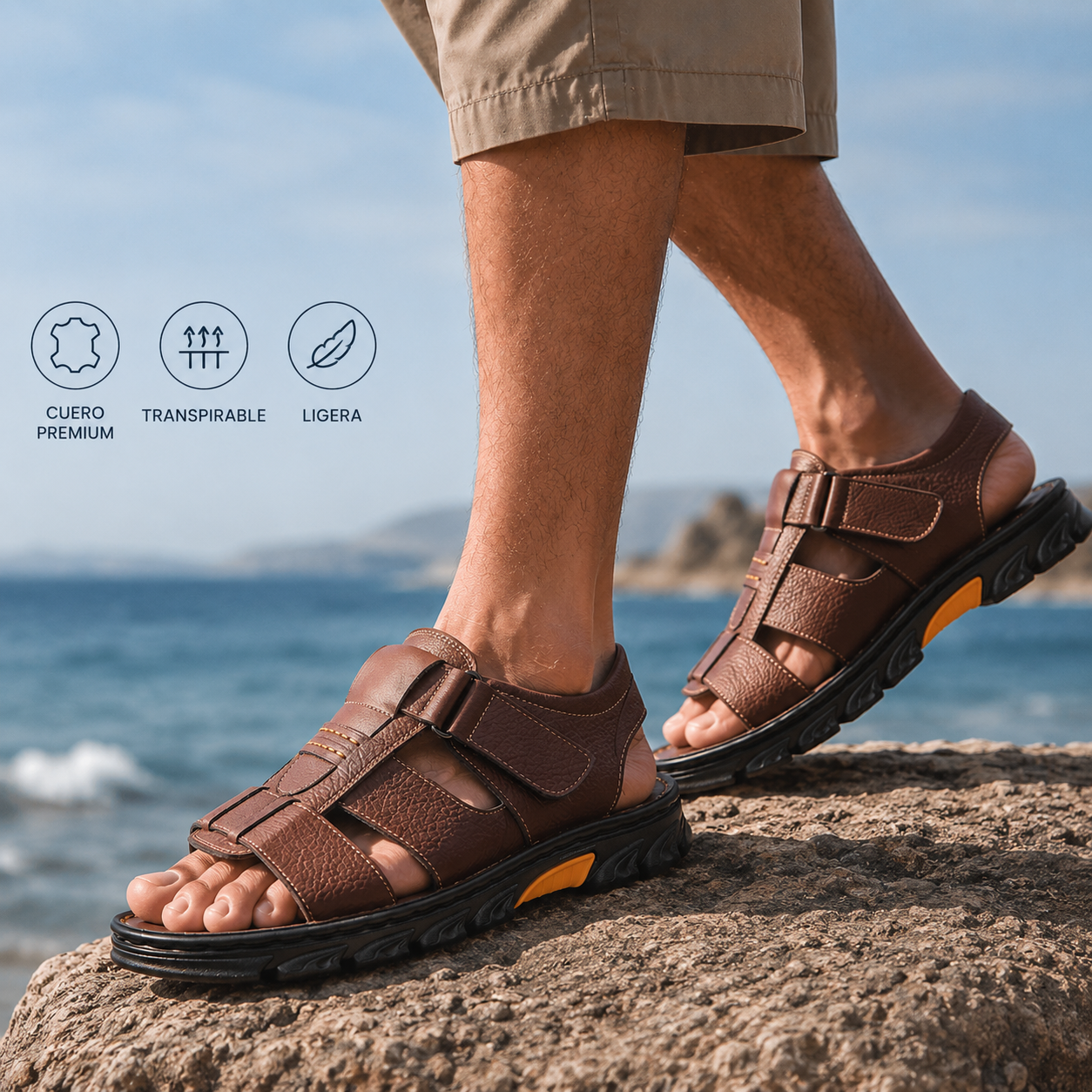 🔥👟 (50%OFF) [Tamaño 38 ~ 44] Sandalias de playa antideslizantes de cuero suave hechas a mano para hombres