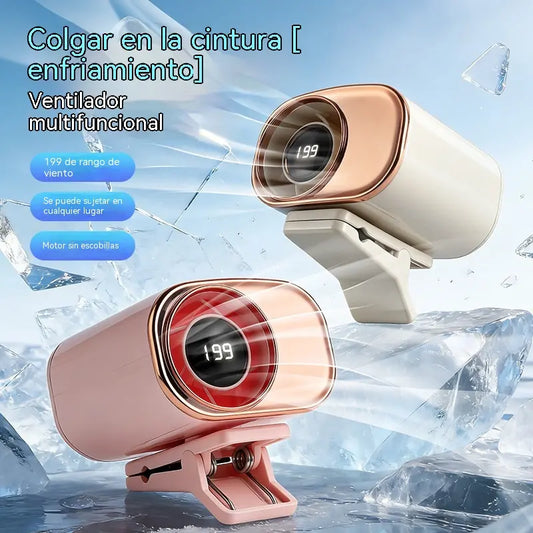 🌀 Ventilador manos libres con pantalla LED, clip integrado y 199 niveles de ajuste