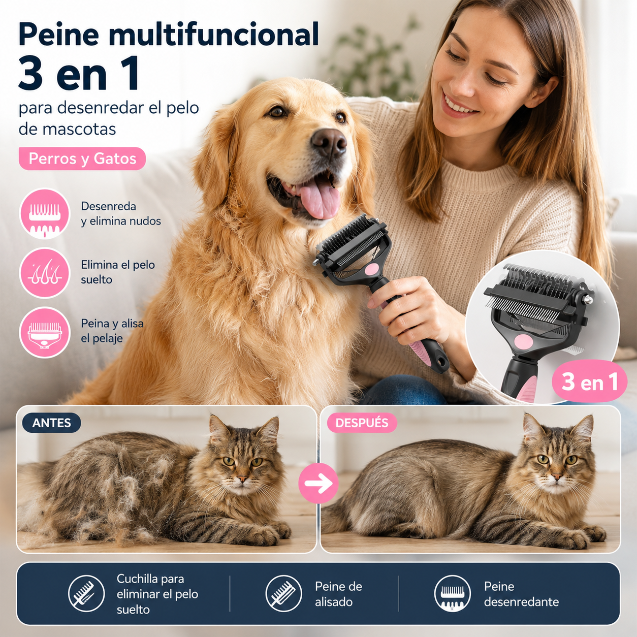 🐕🐈 Peine multifuncional 3 en 1 para desenredar el pelo de mascotas, peine para eliminar el pelo de perros y gatos.