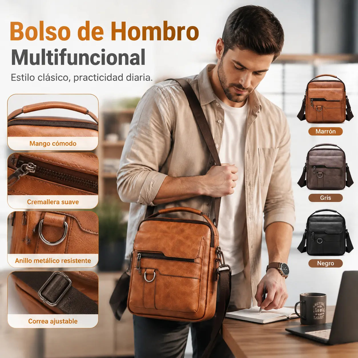 Nuevo bolso de hombro informal retro de piel de vaca de gran capacidad para hombre