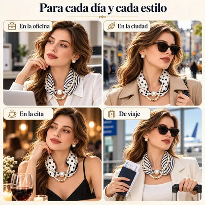 🎀✨ Collar de Perlas con Cinta de Satén para Mujer | Pañuelo Vintage Francés para Cuello, Pelo y Escote