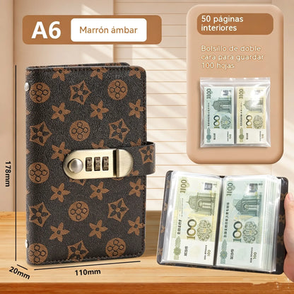 Organizador seguro con cerradura: libro para ahorrar dinero con 50 bolsillos internos para billetes y recibos.