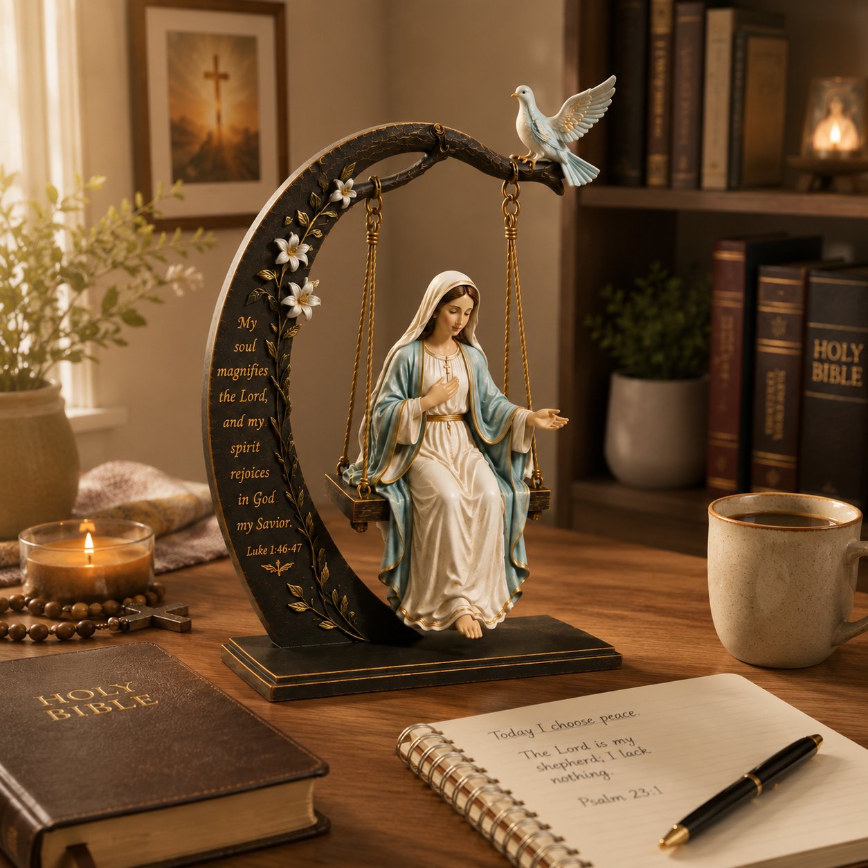 ✝️ Adorno de cuna de la Santísima Virgen María – Lucas 1:46–47 Decoración de mesa de fe | Estatua de la Virgen María en oración con paloma y luna creciente para la decoración del hogar