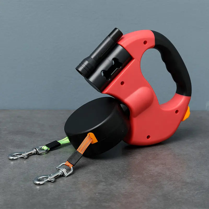 Correa para perros 2 en 1, una correa para pasear a dos perros, retráctil automáticamente, con luz incorporada y bolsa de almacenamiento.