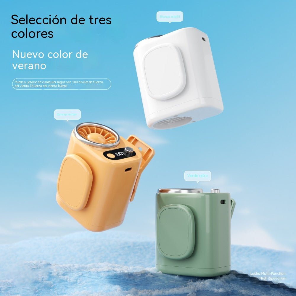 🌀 Ventilador manos libres, equipado con pantalla LED, clip integrado y múltiples velocidades de viento ajustables.