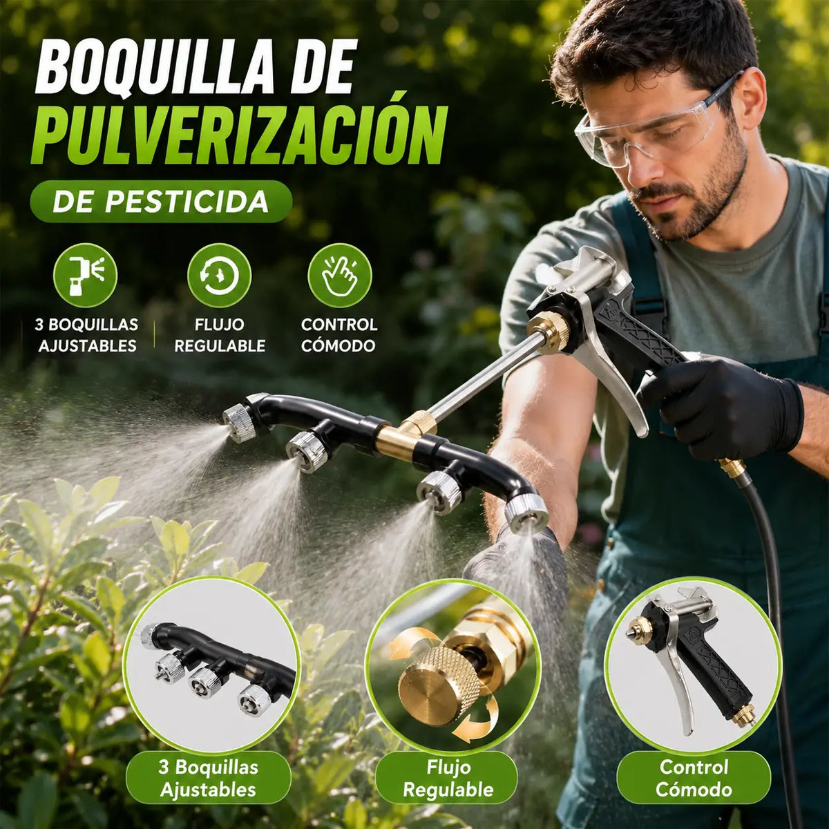 Nueva pistola pulverizadora de área amplia con niebla fina de cuatro cabezales en forma de abanico de acero inoxidable a prueba de óxido