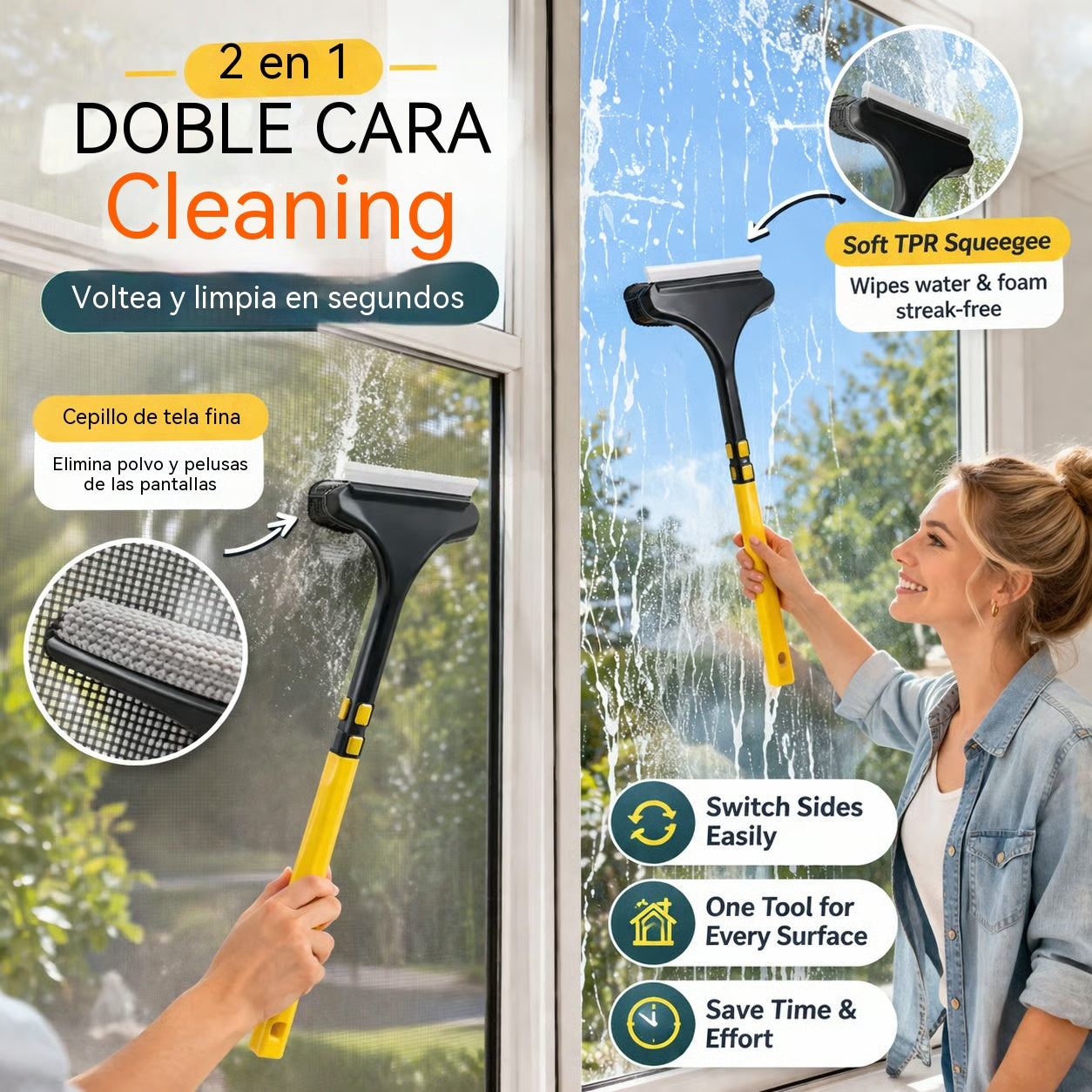 🧼50%OFF✨🧼 Cepillo de limpieza 2 en 1 para ventanas y superficies – Uso dual en seco y húmedo