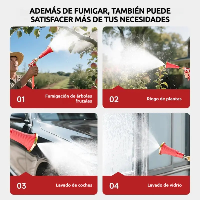 Pulverizador agrícola de alta presión con filtro y boquilla a prueba de viento.