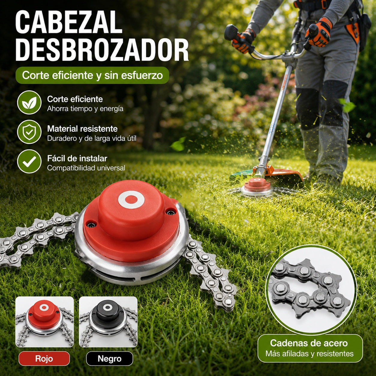 Cuchillas para cortacésped equipadas con cadenas reforzadas y conexiones roscadas de 10 mm; repuestos duraderos para desbrozadoras.